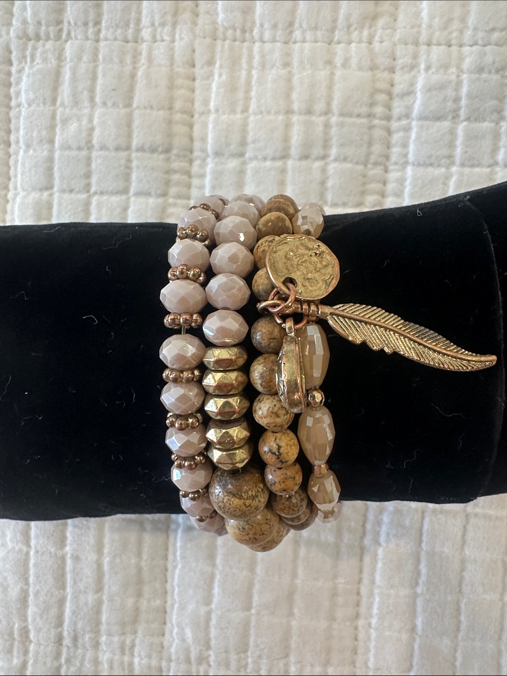 Neutral Stone and Faceted Bead Stack Bracelet with Gold Feather Charm